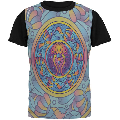 Mandala Trippy Stained Glass Jellyfish All Over Mens Black Back T Shirt
