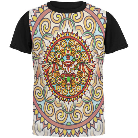 Mandala Trippy Stained Glass Owl All Over Mens Black Back T Shirt