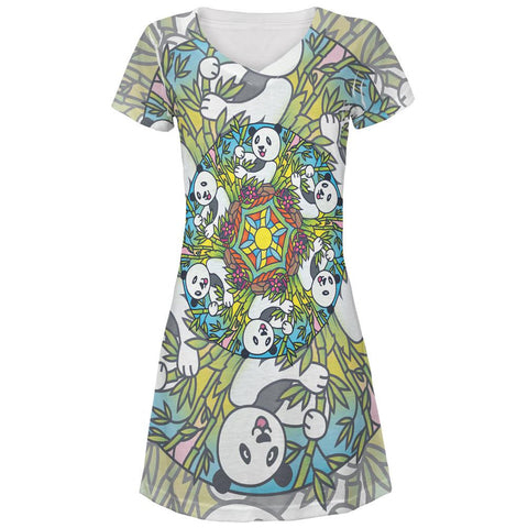 Mandala Trippy Stained Glass Panda All Over Juniors V-Neck Dress