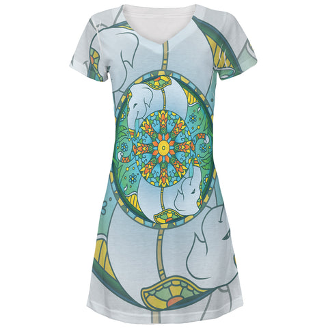Mandala Trippy Stained Glass Elephant All Over Juniors V-Neck Dress front view