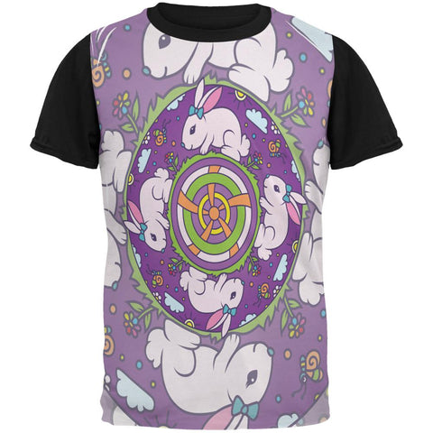 Mandala Trippy Stained Glass Easter Bunny All Over Mens Black Back T Shirt
