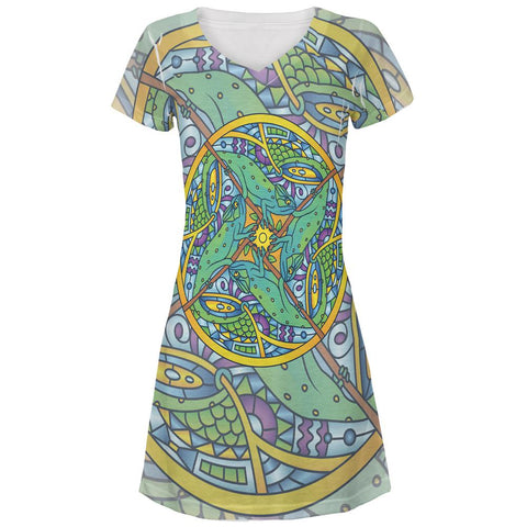 Mandala Trippy Stained Glass Chameleon All Over Juniors Beach Cover-Up Dress