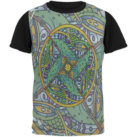Mandala Trippy Stained Glass Chameleon All Over Mens Black Back T Shirt
