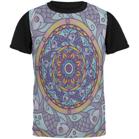 Mandala Trippy Stained Glass Fish All Over Mens Black Back T Shirt