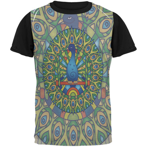 Mandala Trippy Stained Glass Peacock All Over Mens Black Back T Shirt