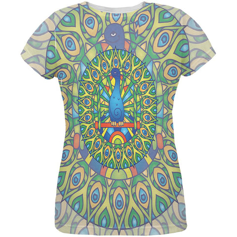 Mandala Trippy Stained Glass Peacock All Over Womens T Shirt