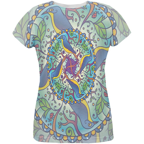 Mandala Trippy Stained Glass Spring Birds All Over Womens T Shirt