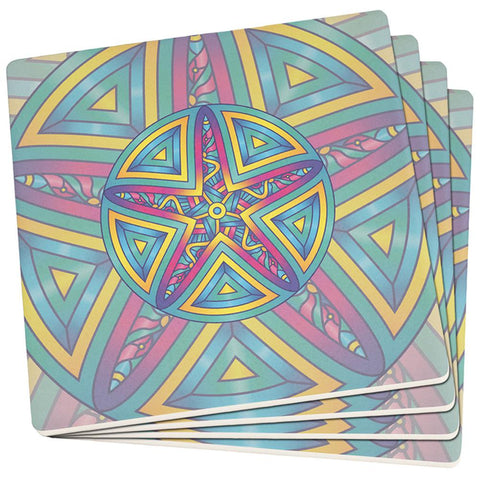 Mandala Trippy Stained Glass Starfish Set of 4 Square SandsTone Art Coasters