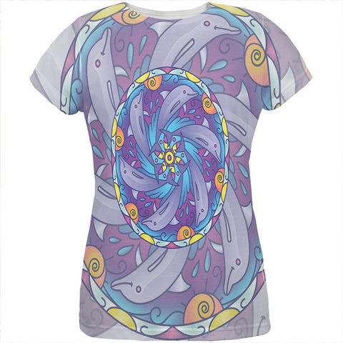 Mandala Trippy Stained Glass Dolphins All Over Womens T Shirt