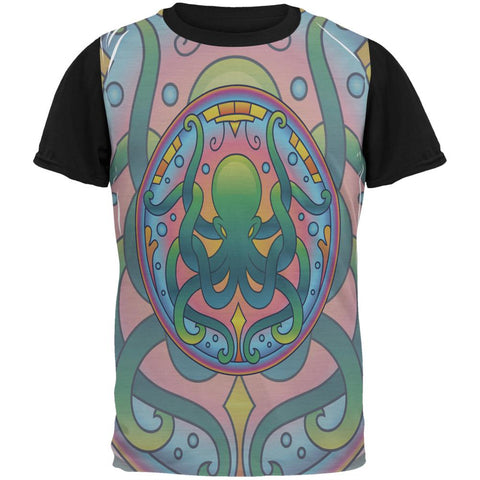 Mandala Trippy Stained Glass Octopus All Over Mens Black Back T Shirt
