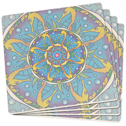 Mandala Trippy Stained Glass Seahorse Set of 4 Square SandsTone Art Coasters