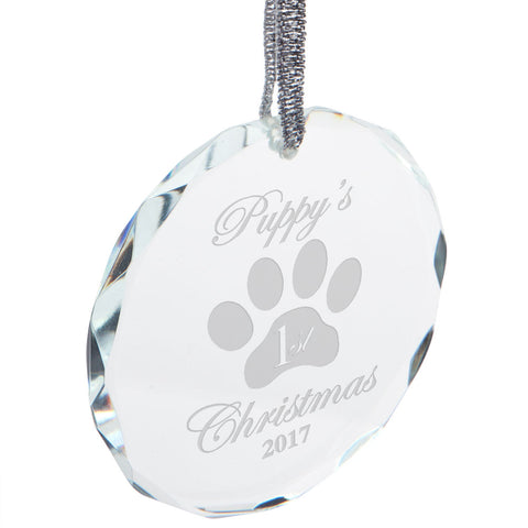 Puppy's First 1st Christmas 2017 Etched Round Crystal Ornament front view