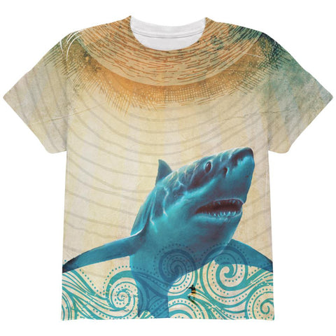 Great White Shark in Waves All Over Youth T Shirt