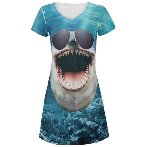 Big Goofy Shark In Sunglasses All Over Juniors Beach Cover-Up Dress