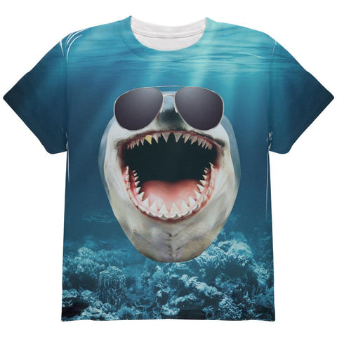 Big Goofy Shark In Sunglasses All Over Youth T Shirt