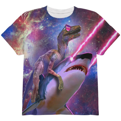 Velociraptor Laser Shark Galaxy Funny All Over Youth T Shirt