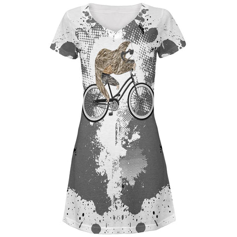 Bicycle Sloth Funny Grunge Splatter All Over Juniors Beach Cover-Up Dress