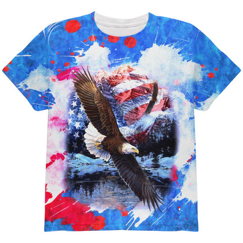 4th of July American Flag Bald Eagle Splatter All Over Youth T Shirt