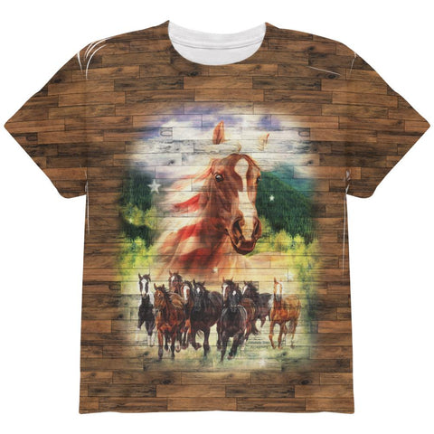 4th of July American Flag Wild Horse Mustang Patriot All Over Youth T Shirt