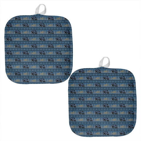 Grizzly Bear Pattern Blue All Over Pot Holder (Set of 2)