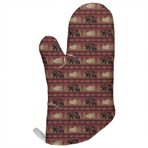 Grizzly Bear Pattern Red All Over Oven Mitt