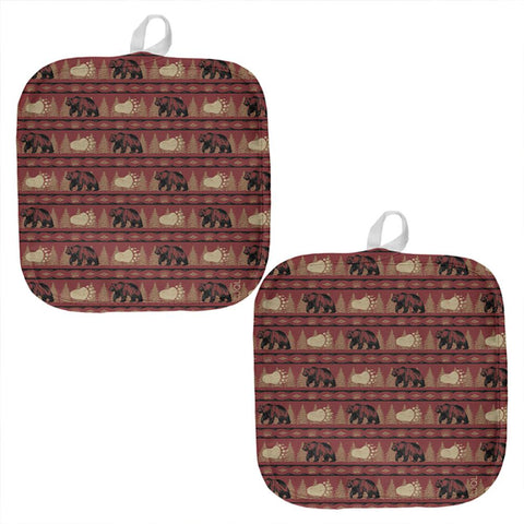 Grizzly Bear Pattern Red All Over Pot Holder (Set of 2)