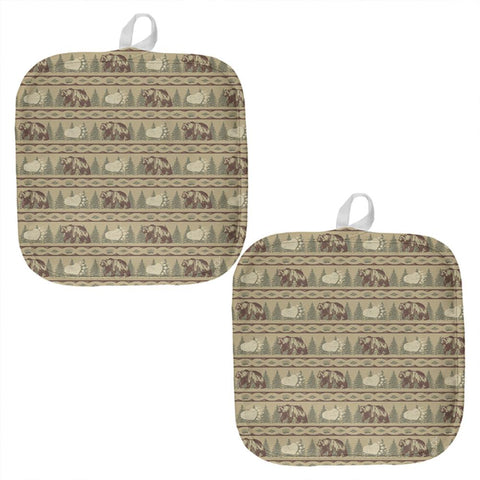 Grizzly Bear Pattern Tan All Over Pot Holder (Set of 2)