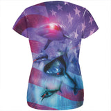 July 4th Patriotic American Galaxy Laser Sharks All Over Womens T Shirt