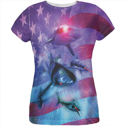 July 4th Patriotic American Galaxy Laser Sharks All Over Womens T Shirt