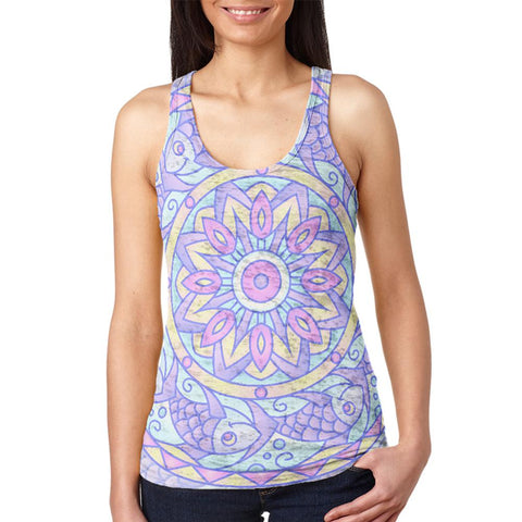 Trippy Fish Mandala Vintage Juniors Burnout Racerback Tank Top