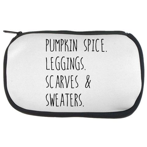 Fall Autumn Pumpkin Spice Leggings Scarves and Sweaters Makeup Bag  front view