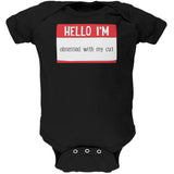Halloween Hello I'm Obsessed With My Cat Black Text Soft Baby One Piece front view