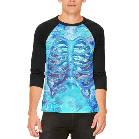 Halloween Octopus Kraken Skeleton Ribs Costume Mens Raglan T Shirt