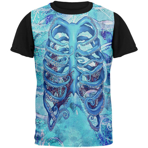 Halloween Octopus Kraken Skeleton Ribs Costume All Over Mens Black Back T Shirt