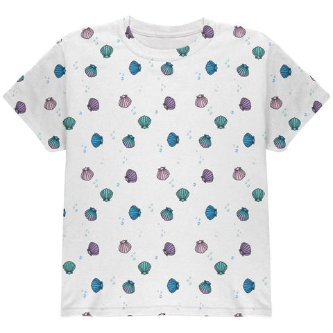 Mermaid Shells Bubbles Pattern White All Over Youth T Shirt