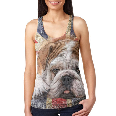 English Bulldog Union Jack Flag Live Forever Juniors Burnout Racerback Tank Top