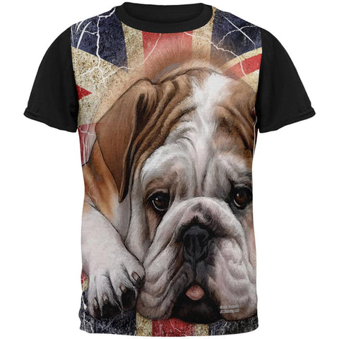 English Bulldog Union Jack Flag Live Forever All Over Mens Black Back T Shirt