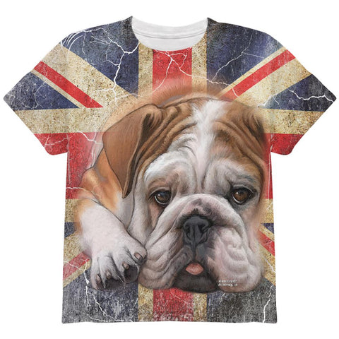 English Bulldog Union Jack Flag Live Forever All Over Youth T Shirt