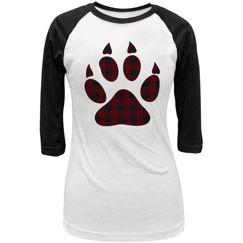 Autumn Buffalo Plaid Bear Claw Paw Juniors 3/4 Sleeve Raglan T Shirt