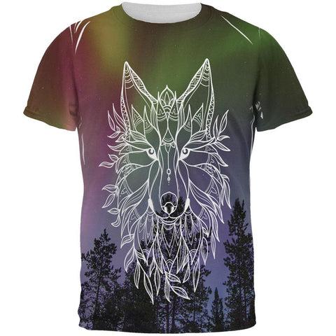 Wolf Northern Lights Night Line Art All Over Mens T Shirt