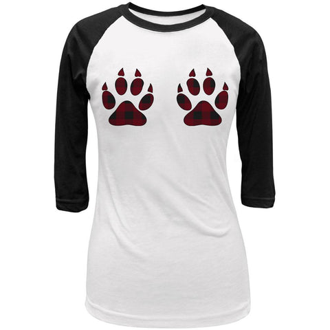Plaid Bear Paw Boobs Juniors 3/4 Sleeve Raglan T Shirt