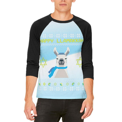 Ugly Christmas Sweater Llama Llamakkah Hanukkah Mens Raglan T Shirt