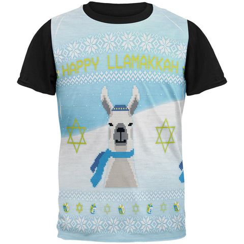 Ugly Christmas Sweater Llama Llamakkah Hanukkah All Over Mens Black Back T Shirt