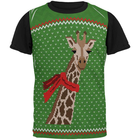 Ugly Christmas Sweater Big Giraffe Scarf All Over Mens Black Back T Shirt