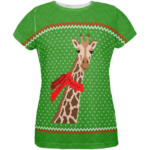 Ugly Christmas Sweater Big Giraffe Scarf All Over Womens T Shirt