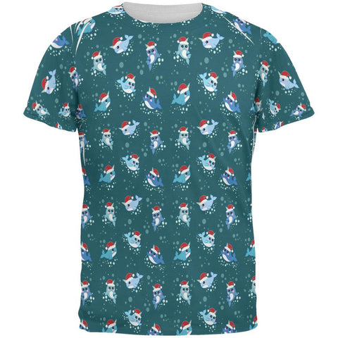 Christmas Narwhals in Santa Hats Pattern All Over Mens T Shirt