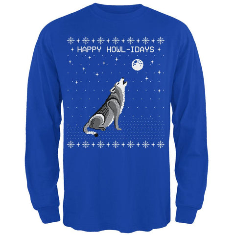 Happy Howl-idays Holidays Wolf Ugly Christmas Sweater Mens Long Sleeve T Shirt