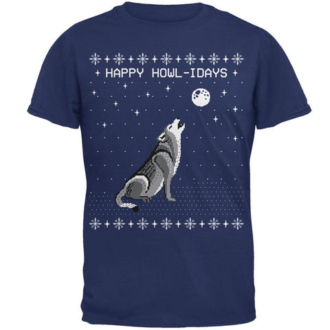 Happy Howl-idays Holidays Wolf Ugly Christmas Sweater Mens T Shirt