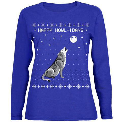 Happy Howl-idays Holidays Wolf Womens Long Sleeve T Shirt