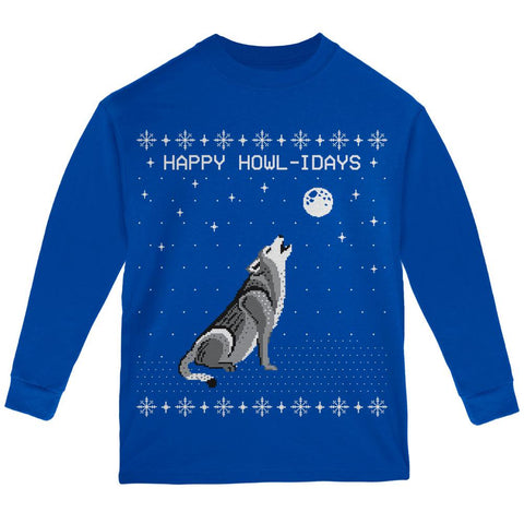 Happy Howl-idays Holidays Wolf Ugly Christmas Sweater Youth Long Sleeve T Shirt